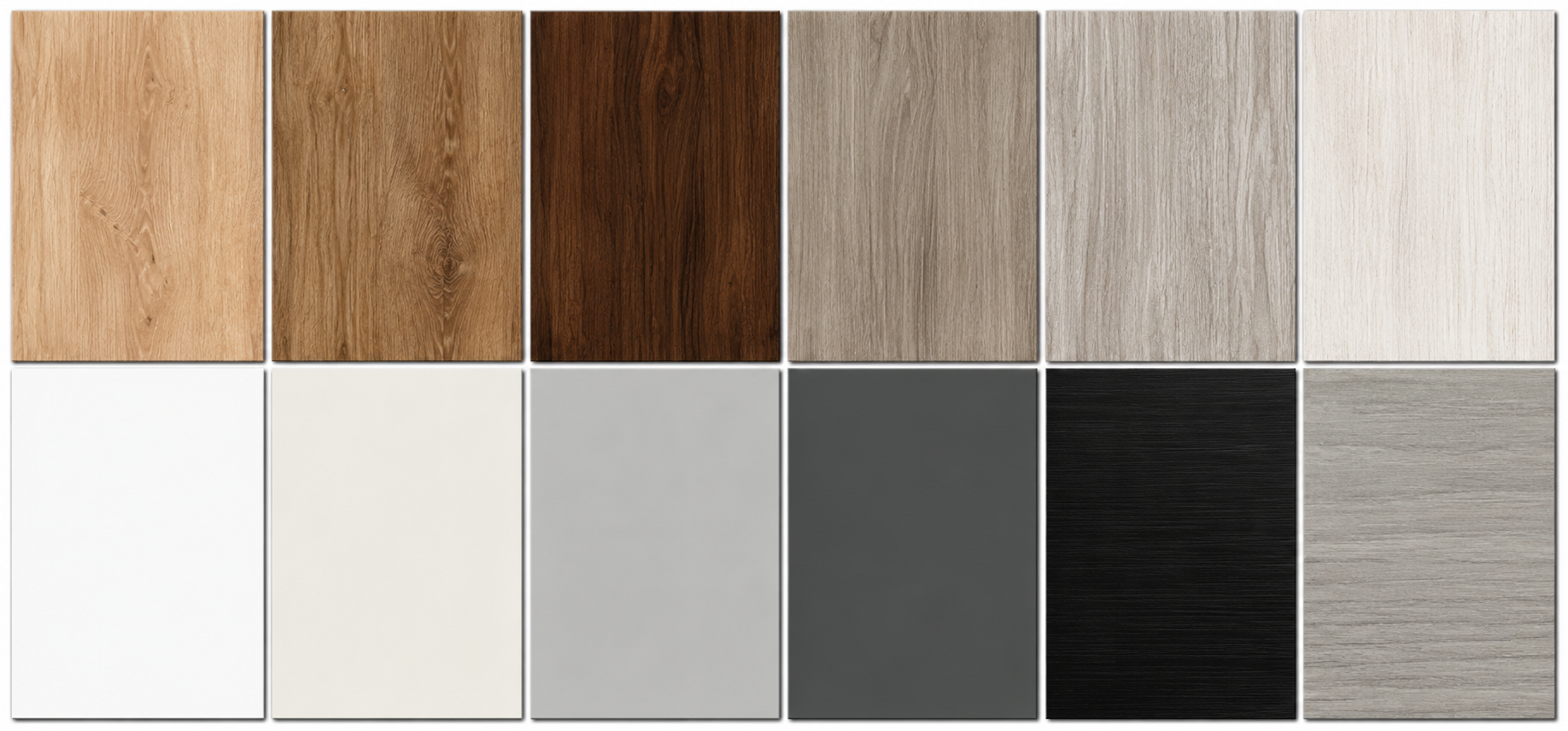 Cabinet finish samples showing wood tones, whites, grays, and blacks